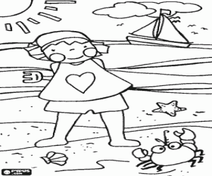 malvorlagen M�dchen spielen am strand mit einer krabbe und ein segelboot auf dem meer ausmalbilder