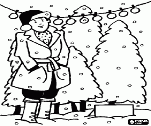 malvorlagen Markt auf der Strasse von Weihnachtsb�umen mit dem Verk�ufer, w�hrend es schneit ausmalbilder