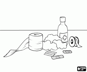 malvorlagen Material zur Ersten Hilfe f�r kleinere Wunden, Binden, Pflaster, Klebeband, Baumwolle und Desinfektionsmittel ausmalbilder