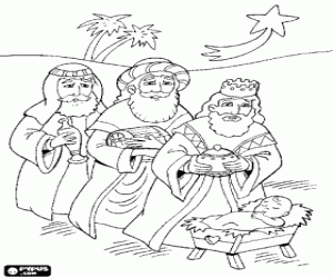 malvorlagen Melchior, Caspar und Balthasar mit ihren gaben vor dem Jesuskind im lichte der Weihnachtsstern ausmalbilder