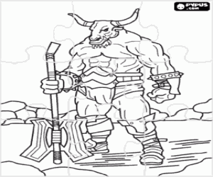 malvorlagen Minotauros puzzle - Puzzle von Riesen-monster mit menschlichen k�rper und der stier den kopf, wie ein bewaffneter krieger ausmalbilder