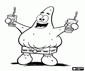 malvorlagen Patrick Star am Strand mit zwei Getr�nke in der Hand und zog mit Bob hosen ausmalbilder