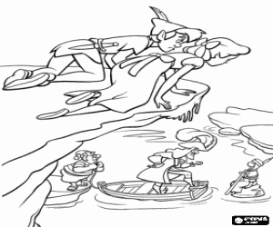 malvorlagen Peter Pan und Wendy beobachtet piraten aus der gefangene auf einem kleinen felsen in der mitte des wassers ausmalbilder