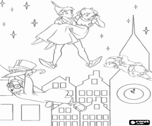 malvorlagen Peter Pan, Wendy, John und Michael fliegen durch den himmel �ber London ausmalbilder