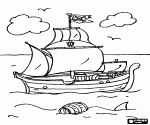 malvorlagen Piraten-Schiff auf hoher See mit einem Hai um ausmalbilder