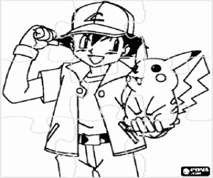 malvorlagen Pokemon puzzle - Asche, trainer von pok�mon, mit seinem ersten Pok�mon Pikachu ausmalbilder