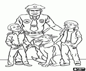 malvorlagen Polizist mit einem jungen und m�dchen zusammen mit seinem hund polizei ausmalbilder