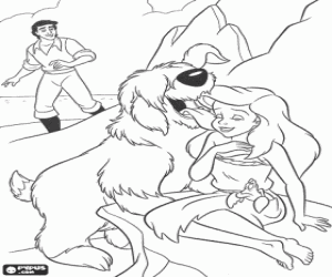 malvorlagen Prinz Eric und sein hund Max finden an Arielle, die Meerjungfrau,die schon in frau, im Strand umgewandelt wurde ausmalbilder