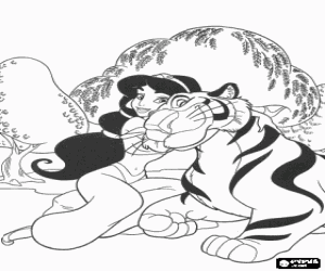 malvorlagen Prinzessin Jasmin mit seinem haustier tiger Rajah auf der schlossgarten ausmalbilder