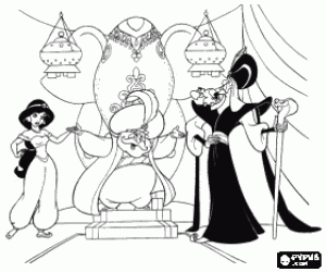 malvorlagen Prinzessin Jasmin mit seinem Vater, dem Sultan, und Jafar, in der thronsaal ausmalbilder