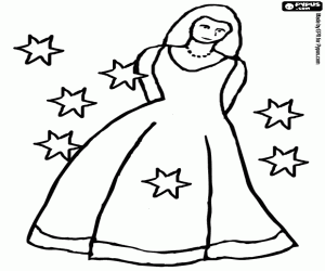 malvorlagen Prinzessin mit einer langen kleid und umgeben von sternen ausmalbilder