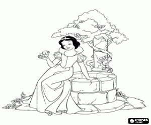 malvorlagen Prinzessin Schneewittchen sa� neben einem Brunnen und mit einem Vogel in der Hand ausmalbilder