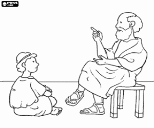 malvorlagen Professor oder lehrer, sitzt auf einem stuhl, zu lehren, ein kleiner junge sitzt auf dem boden ausmalbilder