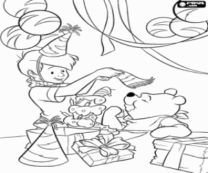 malvorlagen Pu der B�r und Christopher Robin in eine geburtstagsfeier mit kuchen, luftballons, papier hat und geschenke ausmalbilder