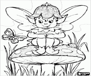 malvorlagen Puzzle of Kleine elf oder kobold sitzt auf einem pilz beobachten den flug eines schmetterlings ausmalbilder