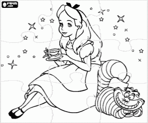 malvorlagen Puzzle von Alice mit einer Tasse Tee und die magische Katze an ihrer Seite - Alice im Wunderland puzzle ausmalbilder