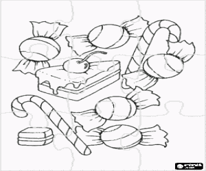 malvorlagen Puzzle von bonbons, candy-sticks und ein st�ck kuchen ausmalbilder