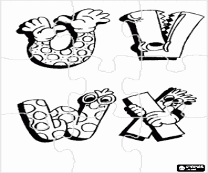 malvorlagen Puzzle von buchstaben U, V, W und X mit lustigen zeichnungen ausmalbilder
