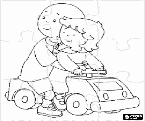 malvorlagen Puzzle von Caillou auf ein kleines spielzeugauto zusammen mit seiner schwester Rosie ausmalbilder