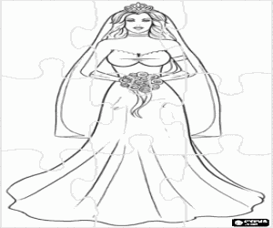 malvorlagen Puzzle von Die Braut am Hochzeitstag mit dem langen Kleid, Schleier mit Diadem und Bukett ausmalbilder