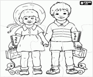 malvorlagen Puzzle von ein junge und ein m�dchen, die jeweils mit einem buch, einem kleinen koffer und ein spielzeug ente ausmalbilder