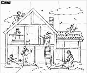 malvorlagen Puzzle von eines hauses im bau mit dem unterschiedlichen operatorarbeiten ausmalbilder