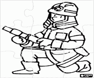 malvorlagen Puzzle von Feuerwehrmann mit einem knie auf den boden und schlauch bereit ausmalbilder