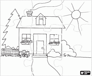 malvorlagen Puzzle von Haus im fr�hjahr mit blumen in den fenstern ausmalbilder