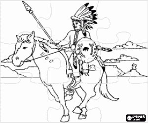 malvorlagen Puzzle von indischer krieger reiten in der ebene mit bergen mit ihren federn, schild und speer ausmalbilder