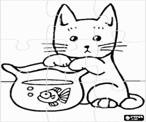 malvorlagen Puzzle von k�tzchen das mit einem kleine aquarium spielt ausmalbilder