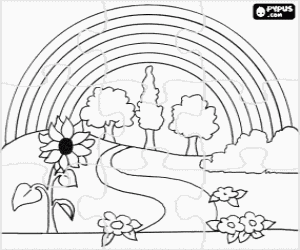 malvorlagen Puzzle von landschaft im fr�hling mit blumen, b�umen und der regenbogen ausmalbilder