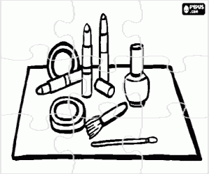 malvorlagen Puzzle von make-up-kit mit lippenstift, nagellack, rouge, pinsel und b�rsten ausmalbilder