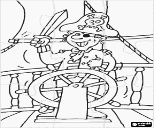 malvorlagen Puzzle von piraten-captain an der spitze der sein boot mit seinem hut, die augen deckel und schwert in der hand ausmalbilder