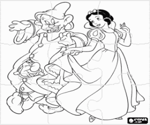 malvorlagen Puzzle von Schneewittchen gerne tanzt mit zwei der zwerge, Happy und Pimpel ausmalbilder