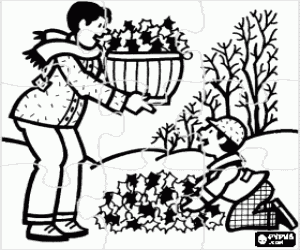 malvorlagen Puzzle von vater und sohn sammeln sich bl�tter von den b�umen im Herbst ausmalbilder