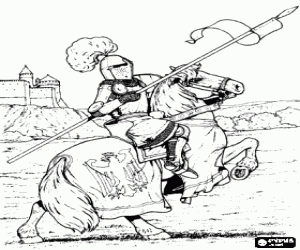 malvorlagen Ritter in r�stungen stoff und stahl helm mit dem speer in der hand auf einem pferd in der n�he einer burg ausmalbilder