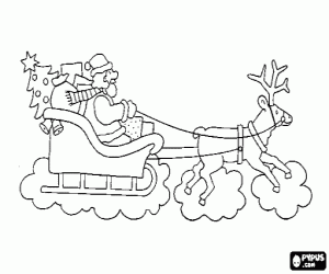malvorlagen Santa Claus in seinem magischen fliegenden schlitten gezogen von einem rentiere und mit Weihnachtsgeschenke ausmalbilder