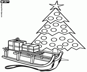 malvorlagen Schlitten mit geschenken neben einem Weihnachtsbaum ausmalbilder