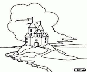malvorlagen Schloss auf einem h�gel mit fliegenden fahnen hoch in den t�rmen ausmalbilder
