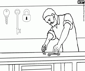 malvorlagen Schlosserarbeiten auf dem Schreibtisch des Werkstatt mit den Werkzeugen und Schl�ssel ausmalbilder