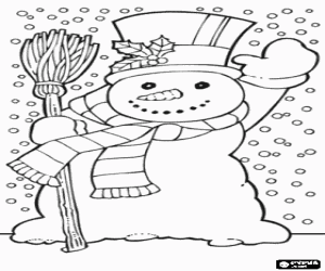 malvorlagen Schneemann mit m�tze, schal und besen w�hrend eines schneefalls ausmalbilder