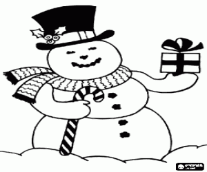malvorlagen Schneemann trug M�tze und Schal, mit einem Stock und ein Geschenk in den H�nden ausmalbilder