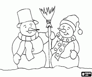 malvorlagen Schneemanns mit schals, h�ten und einem besen ausmalbilder