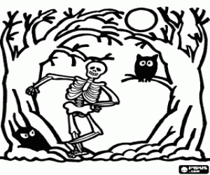 malvorlagen Skelett und eulen in den w�ldern bei vollmond in der nacht von Halloween ausmalbilder