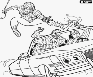 malvorlagen Spider Man springt �ber ein umwandelbares auto mit dieben und ihrer beute ausmalbilder