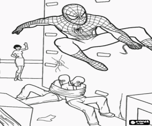 malvorlagen Spiderman, der superheld, flucht nach fang zwei diebe und verlassen sie gebunden mit spinnennetz ausmalbilder