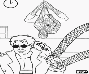 malvorlagen Spiderman h�ngen von der decke, beobachtend wie Doktor Octopus beraubt geld von der bank ausmalbilder