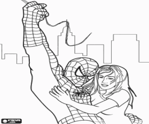 malvorlagen Spiderman mit einem m�dchen in die arme h�ngen von einem spinnennetz �ber den himmel der stadt ausmalbilder