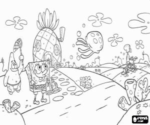 malvorlagen SpongeBob mit dem Fernglas, Patrick Star versucht, Quallen vor der Ananas Jagd-f�rmige Haus ausmalbilder