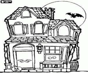 malvorlagen Spuken haus bei Halloween - Vollmond, hieb und K�rbis mit gesicht ausmalbilder